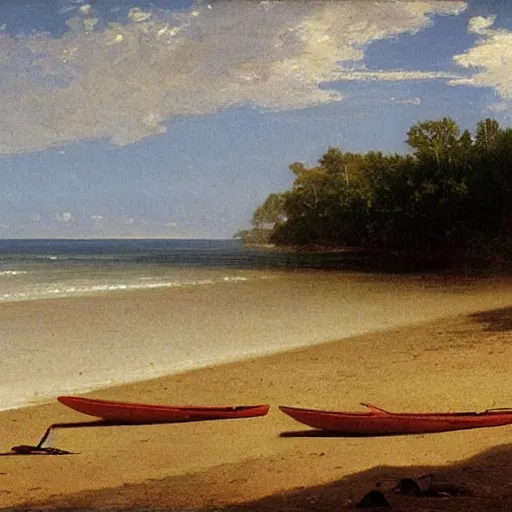 Image similar to An oil painting of lost kayak paddles on a New England beach, by Albert Bierstadt, 1858.