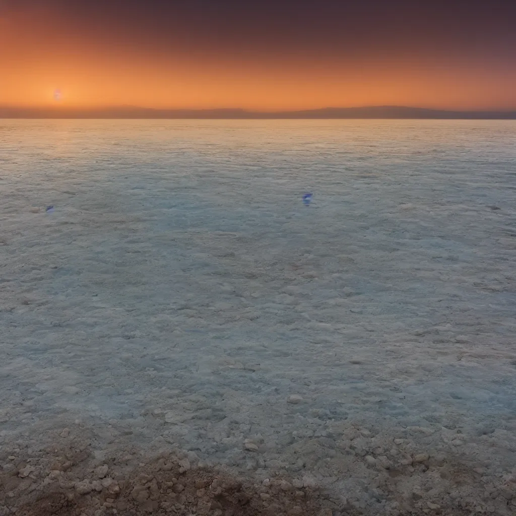 Prompt: the dead sea at sunset, clouds in the sky, mountains at the horizon, professional photo