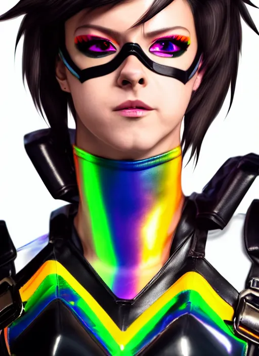 Image similar to hyperrealistic style portrait of tracer overwatch, confident pose, wearing black iridescent rainbow latex, rainbow, neon, 4 k, expressive happy smug expression, makeup, in style of mark arian, wearing detailed black leather collar, wearing sleek armor, black leather harness, expressive detailed face and eyes,