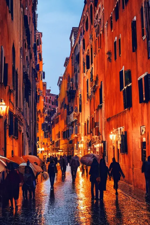 Image similar to crowd of people walking on rainy street at dusk golden hour , hyper-realistic environment, new york , venice