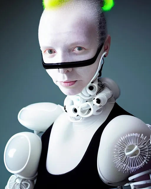 Image similar to portrait of a woman wearing a white embroidered translucent silicone mask and white neon yellow frizzy hair buns, wearing a black bodysuit by alexander mcqueen, cream white background, soft diffused light, biotechnology, humanoide robot, bjork aesthetic, translucent, by rineke dijkstra, intricate details, highly detailed, masterpiece,