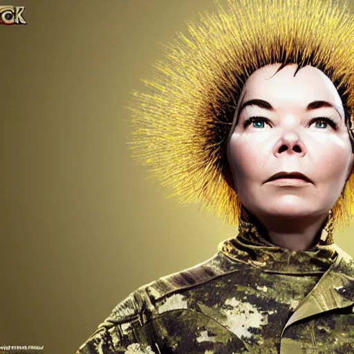 Image similar to bjork as an armed soldier, 8k, high definition, highly detailed photo-realistic