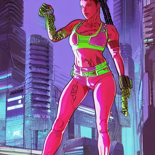 Image similar to Nikki. Apex legends cyberpunk fitness babe. Concept art by James Gurney and Mœbius.