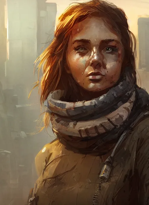 Prompt: portrait of a survivalist woman in a post apocalyptic city at dawn, beautiful intricate digital concept art trending on artstation, soft light