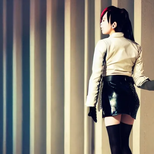 Image similar to a dynamic, epic cinematic 8K HD movie shot of a japanese beautiful cute young J-Pop idol actress yakuza rock star girl wearing leather jacket, miniskirt, nylon tights, high heels boots, gloves and jewelry. Motion, VFX, Inspirational arthouse, at Behance, with Instagram filters