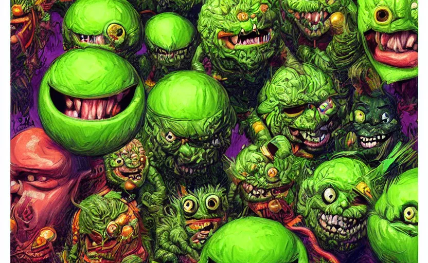 Image similar to an army of different green tennis ball monsters, colorful, digital art, fantasy, magic, chalk, trending on artstation, ultra detailed, detailed, fine details, professional illustration by basil gogos