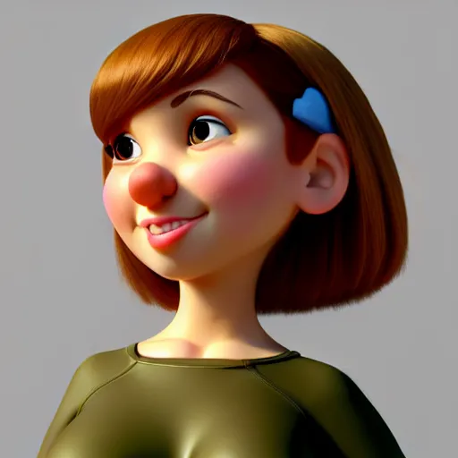 Image similar to A portrait of a curvy woman, a cute 3d cgi toon woman with brown hair in a Bob, no bangs, brown eyes, full face, olive skin, romanian heritage, medium shot, mid-shot, hyperdetailed, 8k, trending on artstation, as a Pixar character