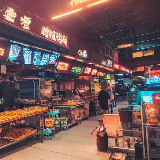 Prompt: cyberpunk food market