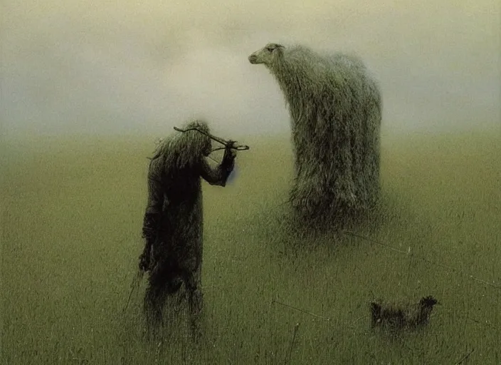 Image similar to shepherd grazes sheep on a green meadow by Luis Royo and Beksinski