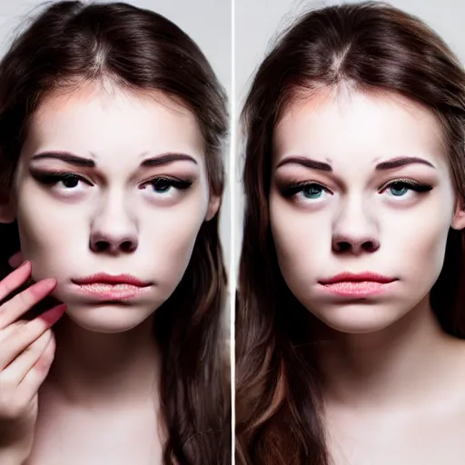 Image similar to photo, closeup, young woman with her face divided into two parts. left part has heavy amount of makeup. right part has intriguing tattoo