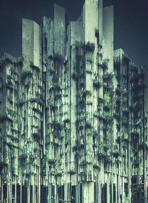 Image similar to “ brutalist architecture surrounded by a neon forest ”