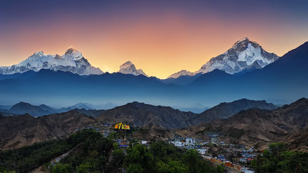 Prompt: moody sunset picture of the Annapurna mountain range with McDonalds restaurant visible in the foreground disturbing the view, large-format landscape photography