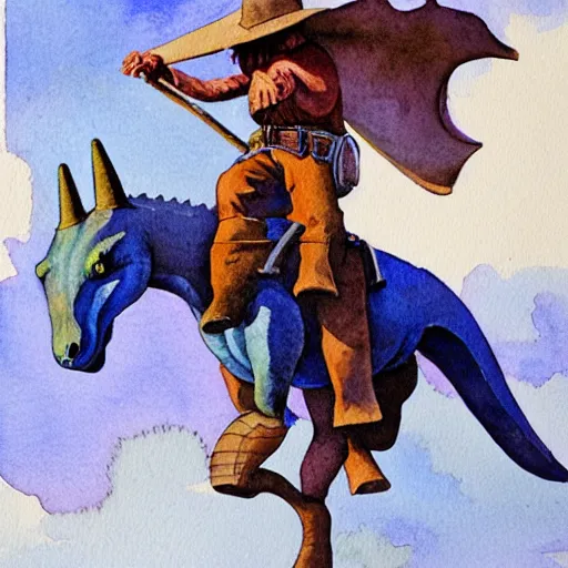 Image similar to a watercolor painting of a cowboy riding a dinosaur in the style of n. c. wyeth and in the style of james gurney.