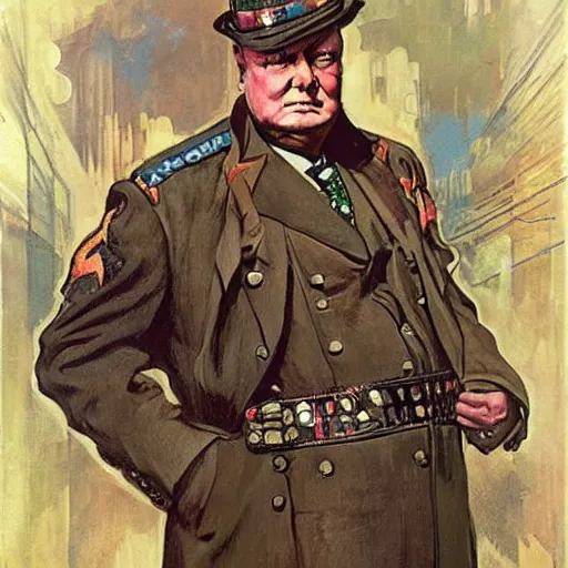 Prompt: winston churchill dressed in cuberpunk military gear. Epic portrait by james gurney and Alfonso mucha.