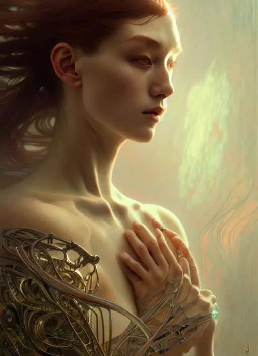 Prompt: organic cyborg, Japanese, diffuse lighting, fantasy, intricate, elegant, highly detailed, lifelike, photorealistic, digital painting, artstation, illustration, concept art, smooth, sharp focus, art by John Collier and Albert Aublet and Krenz Cushart and Artem Demura and Alphonse Mucha