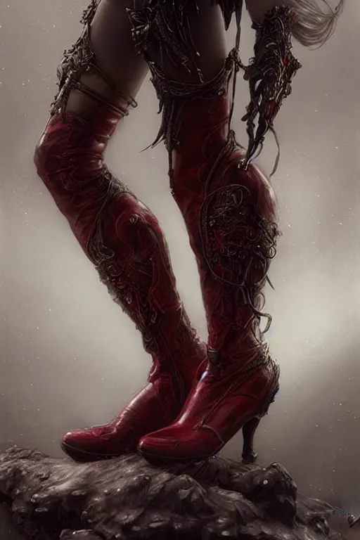 Image similar to red women's boots, by wlop, by luis royo, by peter mohrbacher, concept art, digital illustration, intricate, masterpiece, elegant, super detailed, unreal engine rendering, smooth, sharp focus, artstation hq