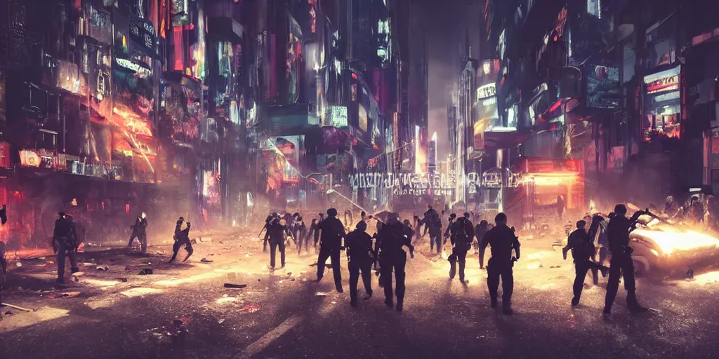 Image similar to very long shot, riot in a cyberpunk city, police use special equipment against the crowd on a square, high detail art, evening, police sirens in smoke, dark environment