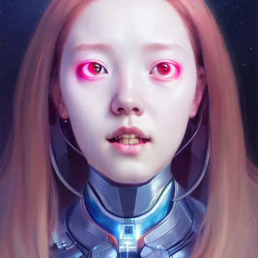 Image similar to portrait painting of a cute cyborg chuu loona kpop smiling cheerfully, ultra realistic, concept art, intricate details, eerie, highly detailed, photorealistic, octane render, 8 k, unreal engine. art by artgerm and greg rutkowski and magali villeneuve and alphonse mucha