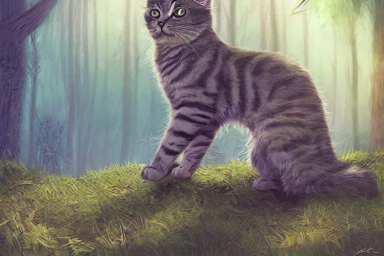 Prompt: a cat in a forest, highly detailed, digital art, trending on artstation, backlighting, by kawacy