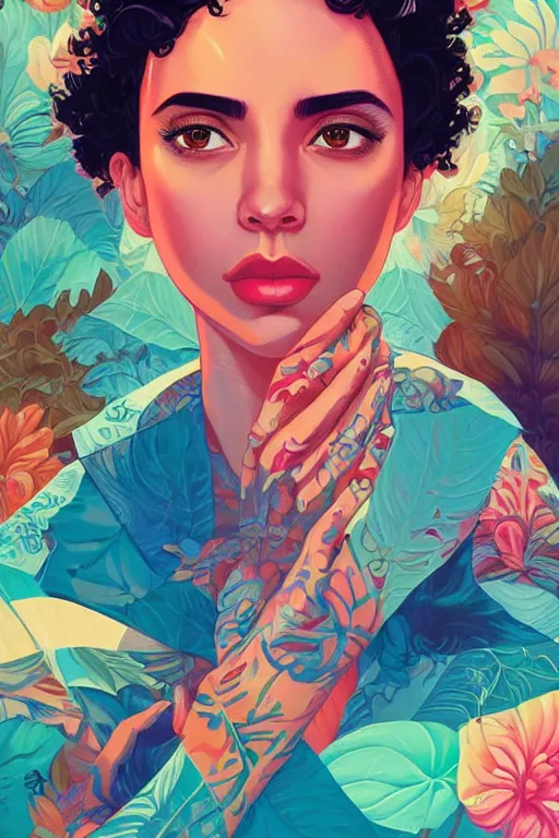 Image similar to hispanic girl short curly hair, and a shortbeard mixed race man, tristan eaton, victo ngai, artgerm, rhads, ross draws