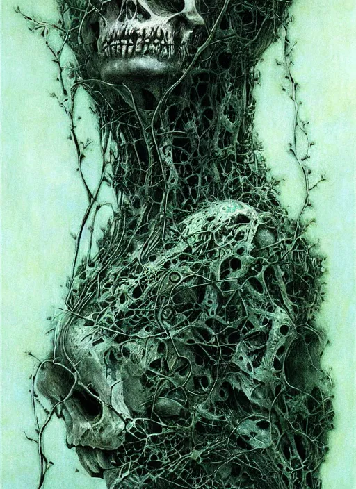 Image similar to cyberpunk skull, ivy, death, intricate detail by zdislaw beksinski