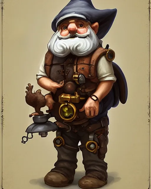 Prompt: A little engineer gnome with a bushy moustache, his tired and grubby with oil stains, standing next to a little mechanical squirrel , deep focus, D&D, fantasy, intricate, elegant, highly detailed, digital painting, artstation, concept art, matte, sharp focus, illustration, hearthstone, art by Artgerm and Greg Rutkowski and Alphonse Mucha