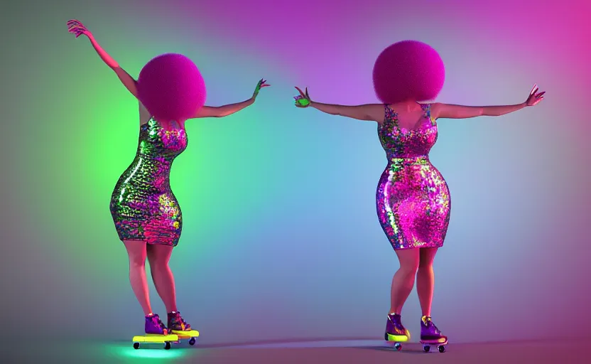 Prompt: “a roller skating diva wearing disco neon skirt with a disco ball afro, by Vladimir kush, by josib csoor, by igor morski, rendered in octane, volumetric lighting, retro color scheme, trending on artstation,”