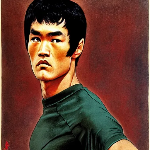 Prompt: Frontal portrait of Bruce Lee. A portrait by Norman Rockwell.