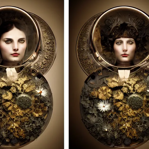 Prompt: a beautiful intricate fine art portrait photo of a mechanical industrial steampunk cybernetic yin yang symbol, overgrown with morning glory flowers, montsera leaves by tom bagshaw and zach sutton, golden ratio composition, studio lighting, 50mm lens, very detailed, bionic, cybernetic scifi, deep depth of field, artstation, 8K, highly coherent