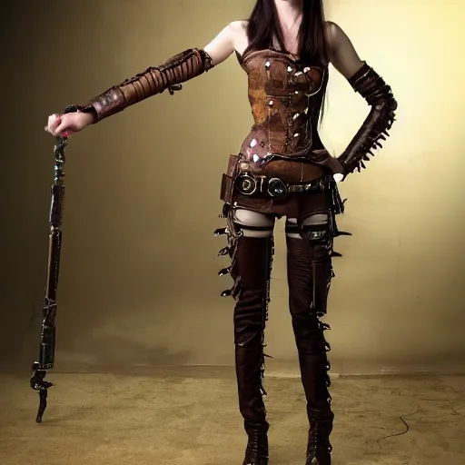Image similar to full body photo of a skinny female steampunk amazon warrior