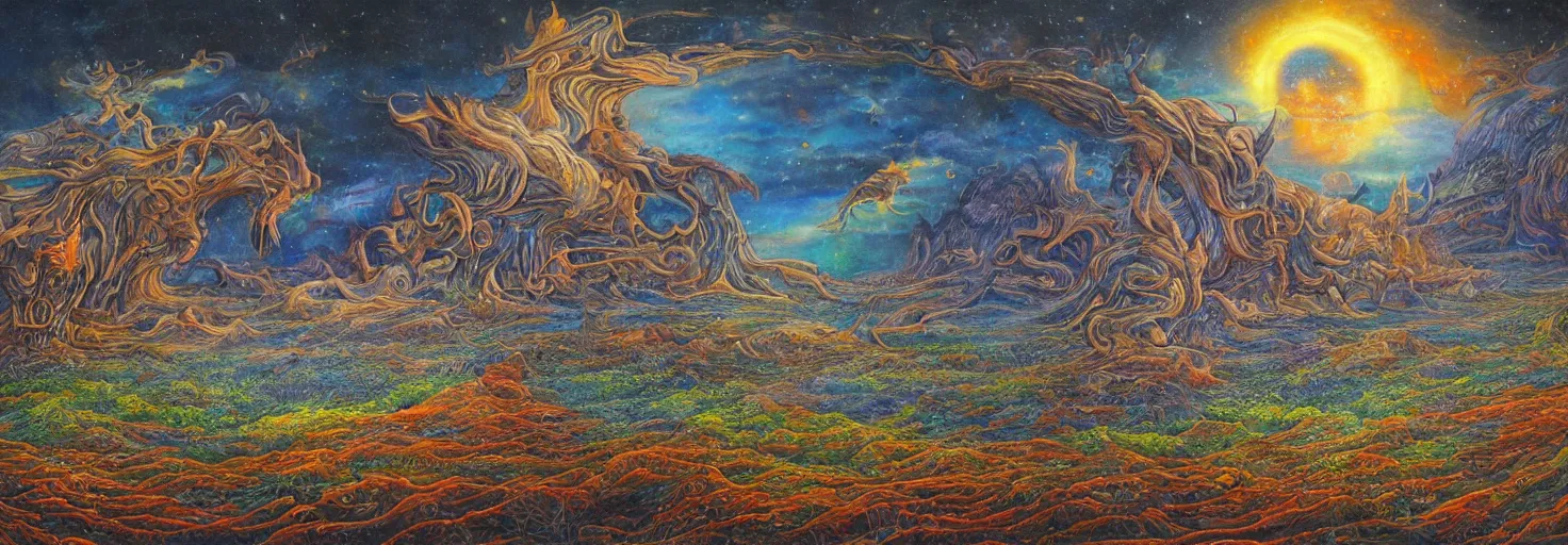 Prompt: a detailed vast mysterious landscape of visionary art and mystical animals at the end of time, painted by robert venosa