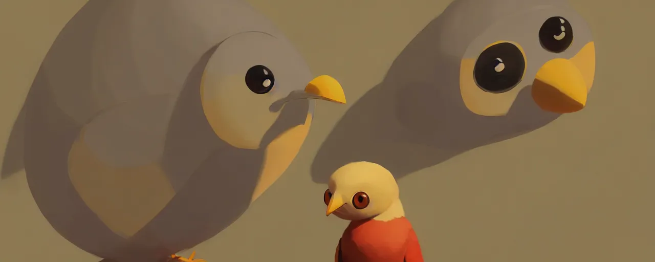 Image similar to gori fujita ilustration a game development studio, little serious stylized bird looking in the camera close up painting by goro fujita, sharp focus, highly detailed, artstation