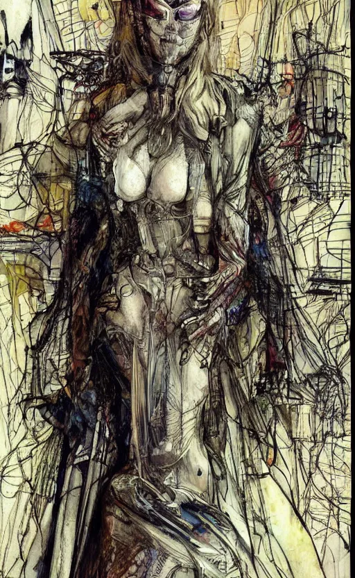 Image similar to woman wearing gown made of mech mask rendered in unreal engine, cyberpunk, rave, scifi, painted by albrecht durer | bernard buffet | carne griffiths | wlop