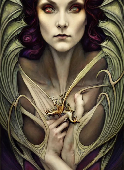 Prompt: an art nouveau, dragon portrait in the style of charlie bowater, and in the style of donato giancola, and in the style of charles dulac. very large, clear, expressive, intelligent eyes. symmetrical, centered, ultrasharp focus, dramatic lighting, photorealistic digital painting, intricate ultra detailed background.