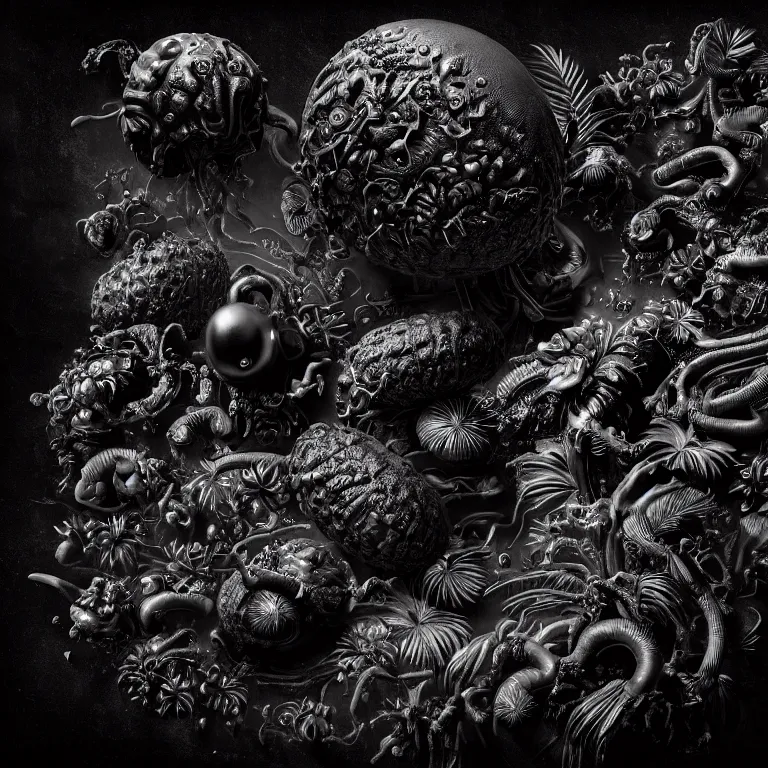 Prompt: still life of surreal alien black tropical flowers, rotten moldy black mold, dripping black paint, surreal alien ribbed black tropical fruit, black human spine, black background, all matte black everything baroque painting, beautiful detailed intricate insanely detailed octane render, 8K artistic photography, trending on Artstation, photorealistic, chiaroscuro, Raphael, Caravaggio