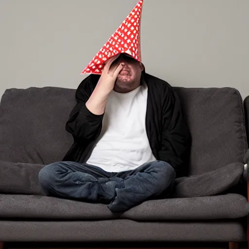 Image similar to drunk man slouched on the couch wearing a cone on his head