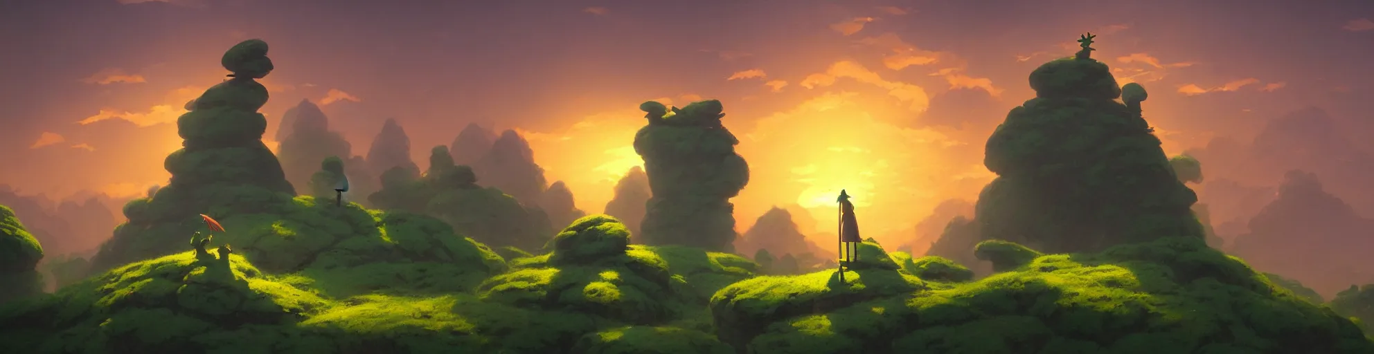 Prompt: A landscape with kermit the frog stone statue, Studio Ghibli, backlight sunset sky, animated, anime, illustrated, vibrant, by Greg Rutkowski, dungeons and dragons on artstation