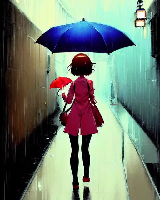 Image similar to cute girl with umbrella in the rain, walking in an alley. | very very anime!!!, fine - face, audrey plaza, realistic shaded perfect face, fine details. anime. realistic shaded lighting poster by ilya kuvshinov katsuhiro otomo ghost, magali villeneuve, artgerm, jeremy lipkin and michael garmash and rob rey