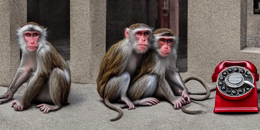 Prompt: a hyperdetailed realistic photograph of two monkeys pondering over a vintage red rotary telephone sitting on the sidewalk, detailed render, epic composition, 4 k realistic, cryengine, realistic shaded lighting, sharp focus, masterpiece