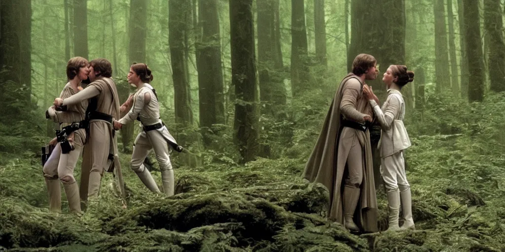 Image similar to luke skywalker, princess leia and han solo hugging and kissing in the forest of endor at the end of return of the jedi