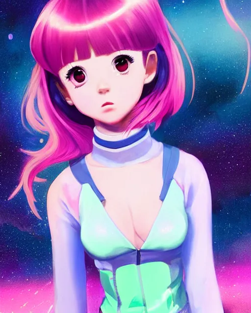 Image similar to portrait Anime space cadet girl Anna Lee Fisher anime cute-fine-face, pretty face, realistic shaded Perfect face, fine details. Anime. realistic shaded lighting by Ilya Kuvshinov Giuseppe Dangelico Pino and Michael Garmash and Rob Rey, IAMAG premiere, aaaa achievement collection, elegant freckles, pink hair, neon hologram, fabulous, daily deviation, annual award winner