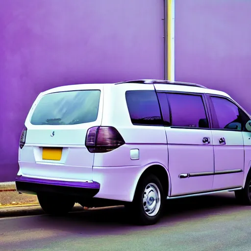 Prompt: white minivan driving away from purple explosion