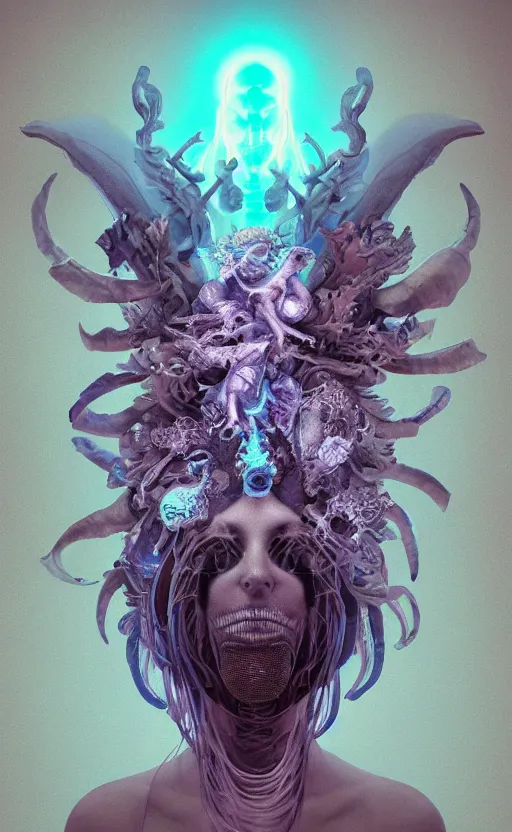 Image similar to goddess close-up portrait ram skull, thorax, x-ray, backbone, phoenix head, nautilus, orchid, skull, betta fish, bioluminiscent creatures, intricate artwork by Tooth Wu and wlop and beeple. octane render, trending on artstation, greg rutkowski very coherent symmetrical artwork. cinematic, hyper realism, high detail, octane render, 8k, green and orange tones