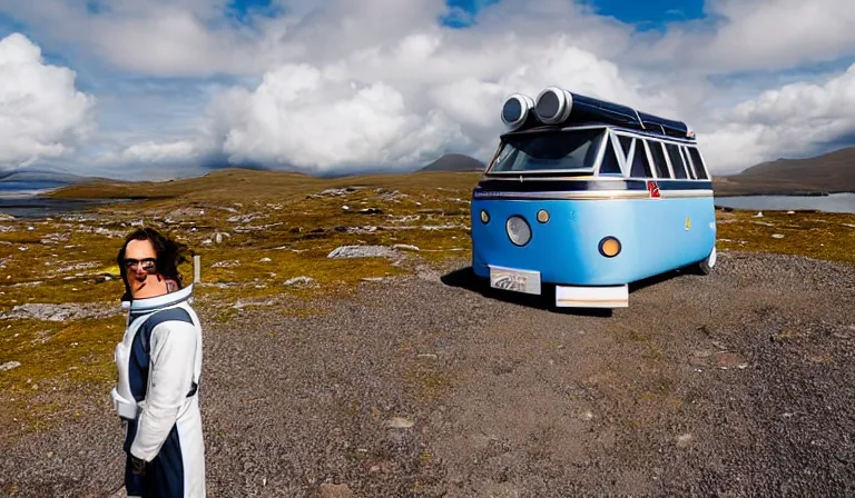 Prompt: tourist astronaut standing in the Isle of Harris, Scotland, a futuristic campervan in the background, wide angle lens, photorealistic