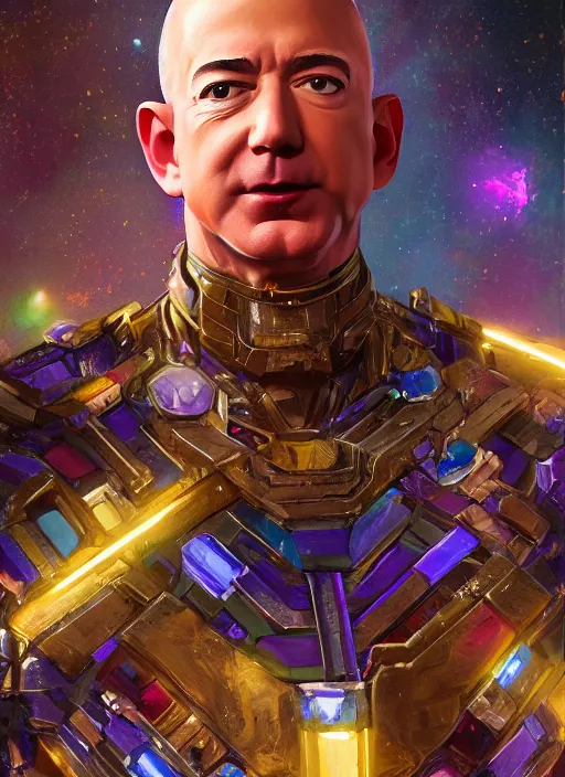 Image similar to jeff bezos collecting the infinity stones, au naturel, hyper detailed, digital art, trending in artstation, cinematic lighting, studio quality, smooth render, unreal engine 5 rendered, octane rendered, art style by klimt and nixeu and ian sprigger and wlop and krenz cushart.