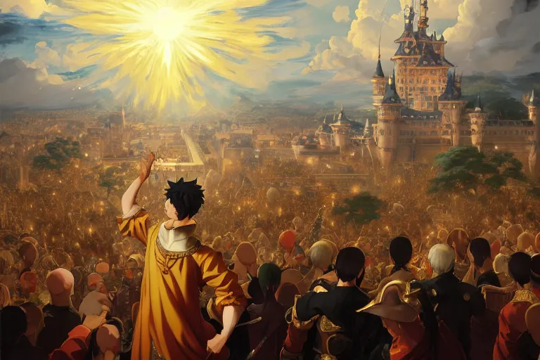 Image similar to baroque oil painting of anime key visual concept art of king addressing nation from balcony as artillery rains down from above, golden rays, fantasy european castle, trending on artstation, palette knife and brush strokes, oil on canvas, style of makoto shinkai greg rutkowski studio ghibli genshin impact