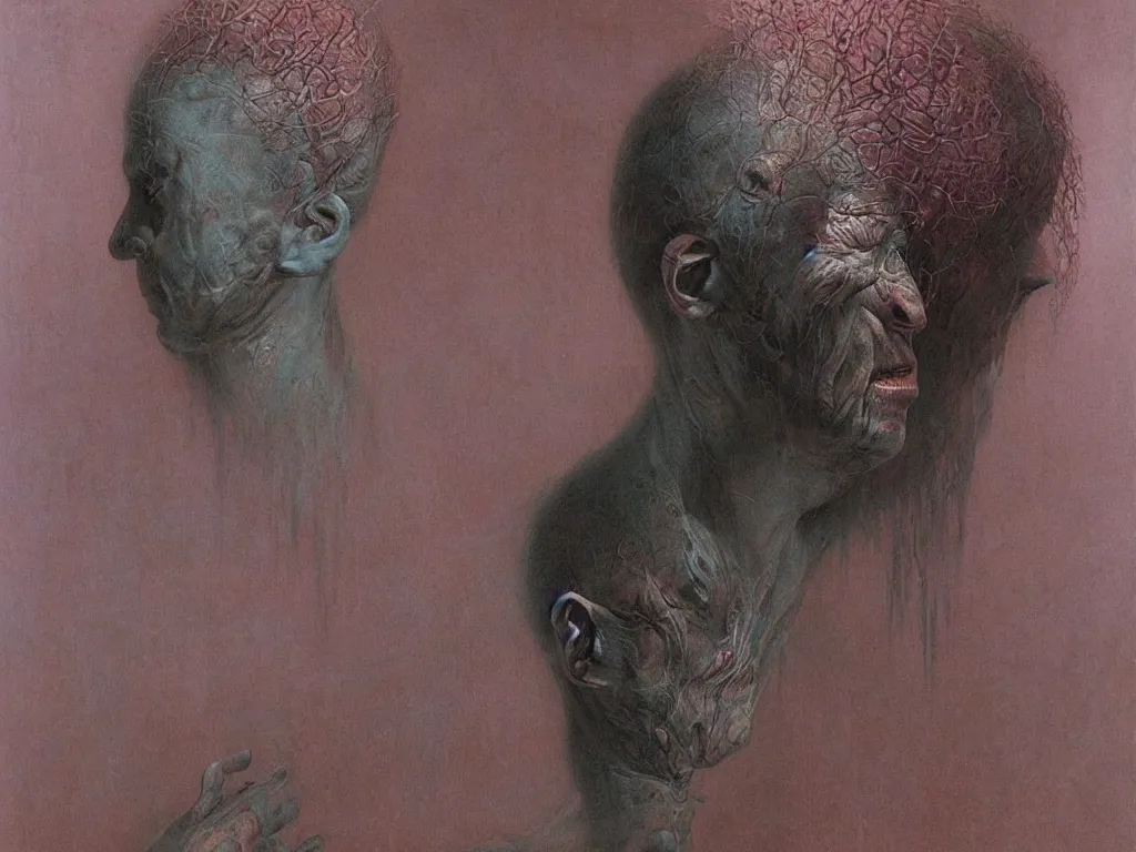 Prompt: Portrait of an loriciferan human hybrid. Painting by Wayne Barlowe, Beksinski.