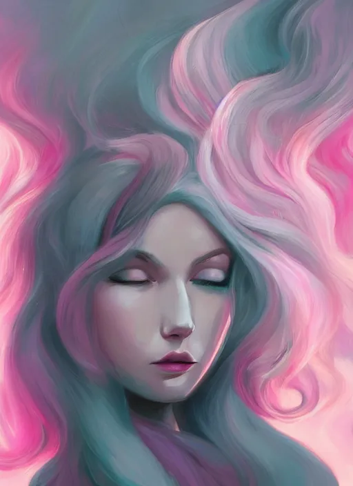 Image similar to digital painting, half body portrait, glowing woman, pink and grey clouds, flowing hair, by lois van baarle, by loish, trending on artstatio