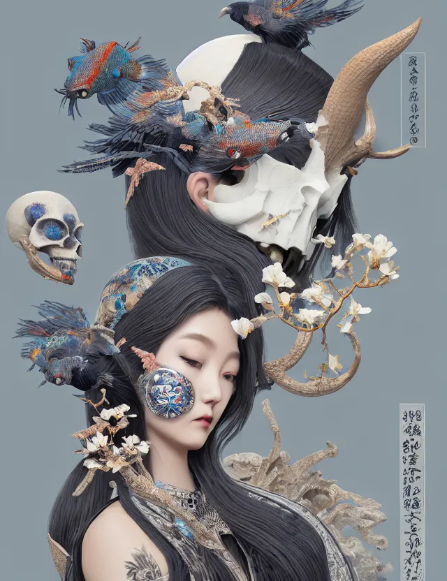 Image similar to 3 d goddess bottom - up with ram skull. beautiful intricately detailed japanese crow kitsune mask and clasical japanese kimono. betta fish, jellyfish phoenix, bio luminescent, plasma, ice, water, wind, creature, artwork by tooth wu and wlop and beeple and greg rutkowski