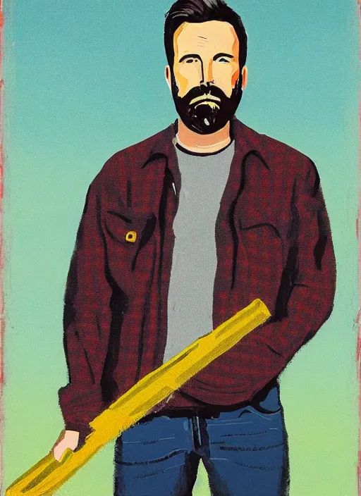 Prompt: full - body portrait of ben affleck wearing checkered shirt and white cap, holding a huge monkey wrench, by billy childish, thick visible brush strokes, shadowy landscape painting in the background by beal gifford, vintage postcard illustration, minimalist cover art by mitchell hooks